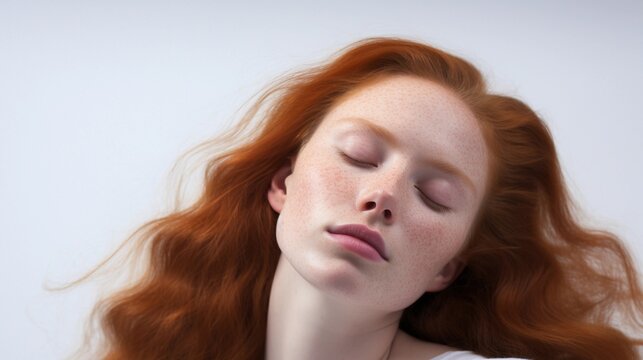 Portrait of a red hair white female sleeps tight against white background with space for text, AI generated, background image