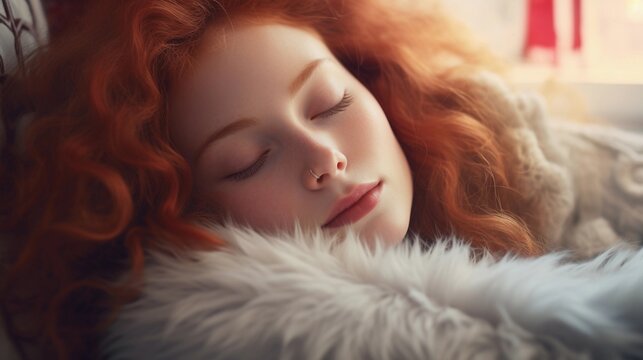 Portrait of a red hair white female sleeps tight against Valentine's Day feel background with space for text, AI generated, background image