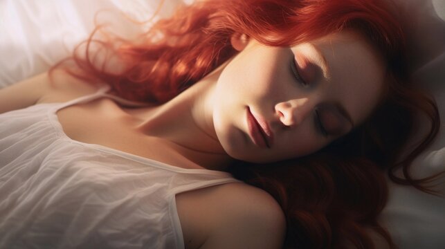 Portrait of a red hair white female sleeps tight against Valentine's Day feel background with space for text, AI generated, background image