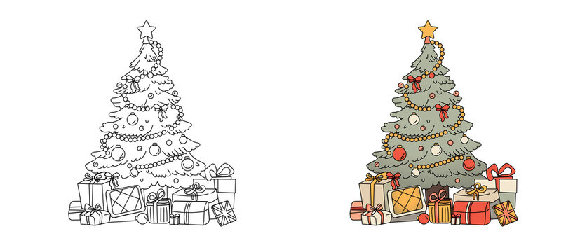 Coloring book for children: Christmas tree and gifts. Vector illustration