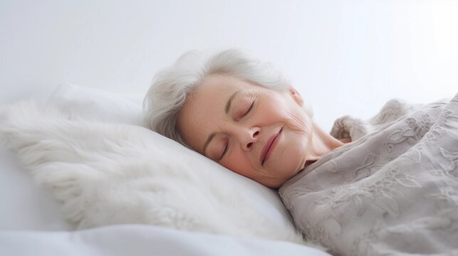 Portrait of an old white female sleeps tight against white background with space for text, AI generated, background image