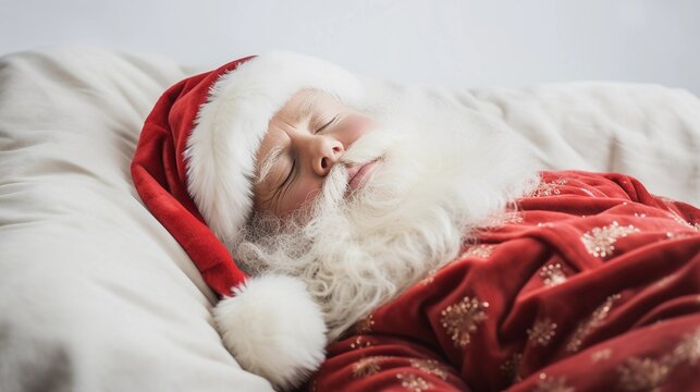Portrait of santa claus sleeps tight against white background with space for text, AI generated, background image