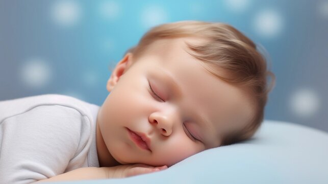 Portrait of a baby boy sleeps tight against pastel background with space for text, AI generated, background image