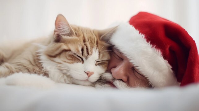 Portrait of santa claus sleeps tight with his cat against white background with space for text, AI generated, background image