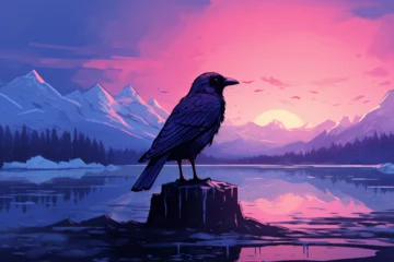 Raamstickers illustration of a view of a crow in winter © mursalin 01