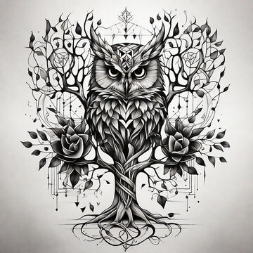 Geometric black and white Tattoo scketch of a tree of knolegde owl with roots under