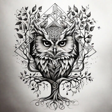Geometric black and white Tattoo scketch of a tree of knolegde owl with roots under
