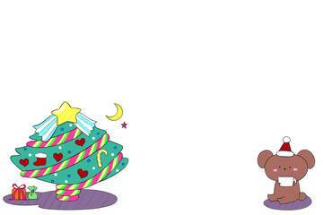 クリスマスツリーとクマのサンタさん　手描きイラスト