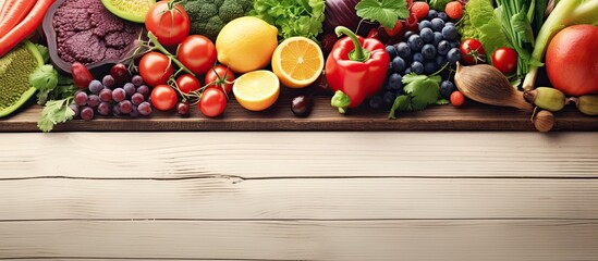 The background of the photo had a smooth texture showcasing a plate of delicious and colorful isolated fruits and vegetables all surrounded by a natural wood and leafy green setting The whi