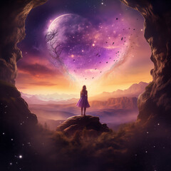 Frau steht in einer Traumlandschaft und schaut auf ein rosa lila Herz. Berge und Magie umgeben sie. Märchen - Fantasie Ki - obrazy, fototapety, plakaty