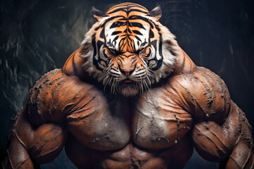 Portrait of a tiger has muscles as muscular as a bodybuilder. Training, Bulking Up, Strength Training, Workout and Exercise Concepts