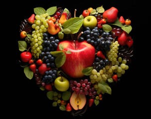 Naklejka na ściany i meble a heart of fruit full of fruits and vegetables. 