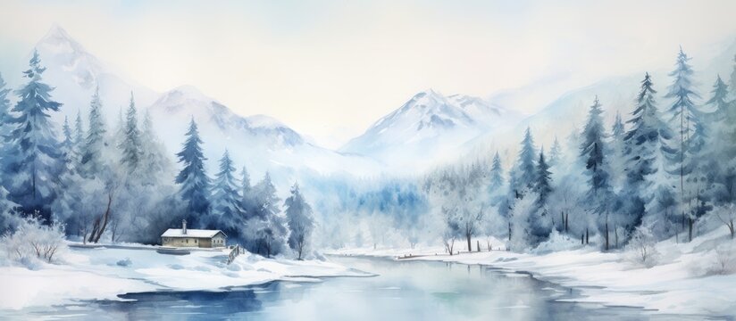 The stunning watercolor background depicts a snowy winter landscape with a majestic mountain surrounded by a tranquil forest of white trees as a road meanders through the icy terrain creati