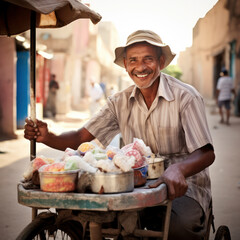 ice cream street vendor smiling at camera. - obrazy, fototapety, plakaty