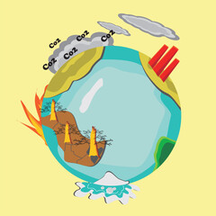 The state of the earth facing global warming. forest fires. air pollution. melting iceberg.in vector concept