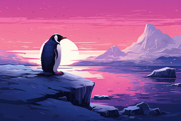 a penguin,
winter landscape - obrazy, fototapety, plakaty
