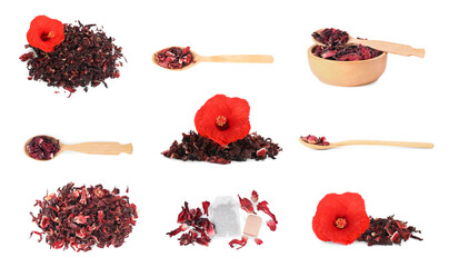 Dry hibiscus tea isolated on white, set