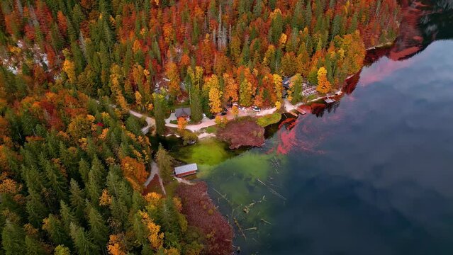 Aerial View Of Villas By The Autumnal Lakeshore In Lake Toplitz, Austria. 
