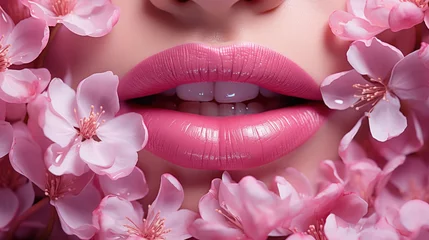 Fotobehang Full pink lips amidst a cascade of cherry blossoms, a fusion of nature and feminine allure. © Liana