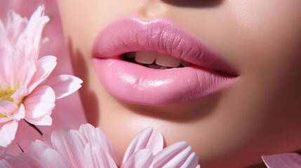 Close-up of pale pink lips among pink gerbera flowers, a serene and elegant beauty concept