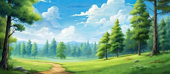 The background of the summer sky highlights the vibrant colors of nature with tall trees standing proudly in a lush green forest In spring the grass and leaves come to life creating a pictu