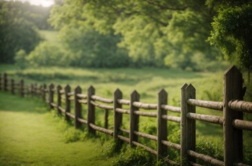 Fototapeta premium Wooden fence with blurred green nature landscape