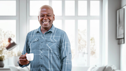 Happy Mature Black Man Drinking Coffee while relaxing at home. Retirement Lifestyle And Leisure Concept - obrazy, fototapety, plakaty