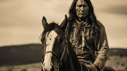 Indigenous man on horseback in retro style image. 