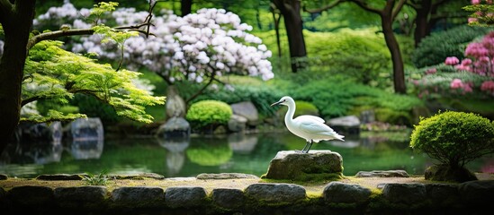 Obraz na płótnie Canvas In Japan s serene park the white bird gracefully soared above the lush green landscape framed by a backdrop of a tranquil forest a peaceful water fountain and vibrant gardens creating a bea