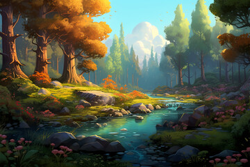 illustration of a river view in the forest