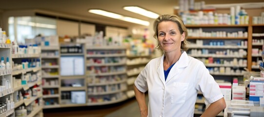 Pharmacy, attractive mature attendant posing looking at the camera - obrazy, fototapety, plakaty