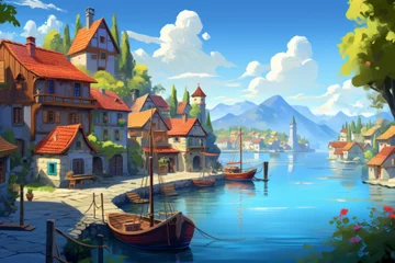 Gordijnen illustration of a view of a fantasy water village © Yoshimura