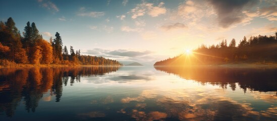 The beautiful landscape and sun create a stunning reflection on the serene lake making it an outdoor scenic paradise