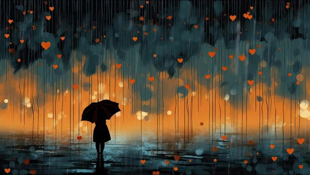 Seamless loop animation. grunge silhouette, Love. Form of rain drops in the night beautiful wallpaper illustration night. Created using Generative AI Technology