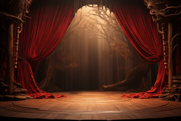 Theater background with wood stage and curtains. - obrazy, fototapety, plakaty