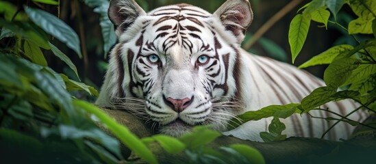In the beautiful jungle a fierce white tiger with mesmerizing stripes rests against a lush background showcasing its magnificent face in a stunning portrait This majestic feline a true preda