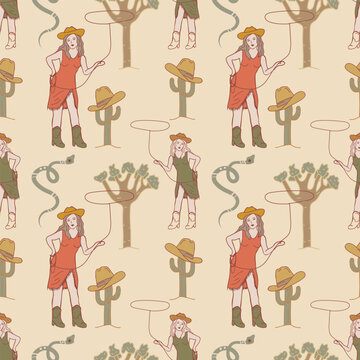 Seamless pattern with cute cowgirl in desert. Vector background with women in cowgirl costume.