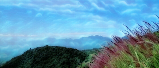 background illustration of white clouds in a blue sky with beautiful sunlight