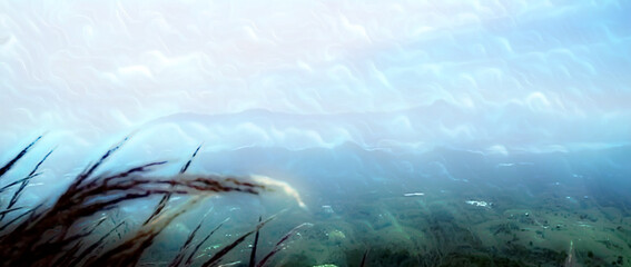 background illustration of white clouds in a blue sky with beautiful sunlight