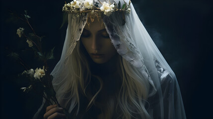A fair-haired elvish princess donned in a veil, gently grasping a flower, in an ethereal, shadowy setting with subtle low-key lighting