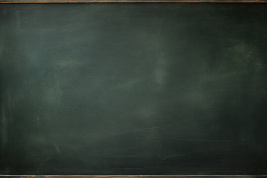 The close up detail and texture of a blank chalkboard  horizontal wallpaper and background. Image of green board for writing and drawing with chalks. Generative AI.