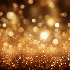Christmas golden background with lights, bokeh and sparks. Golden holiday New Year. Abstract background, wallpaper. Banner with blurry bokeh and small shiny sprinkles.
