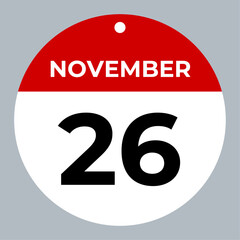 november 26 calendar reminder. 26 november daily calendar icon template. Calendar 26 november icon Design template. Vector illustration