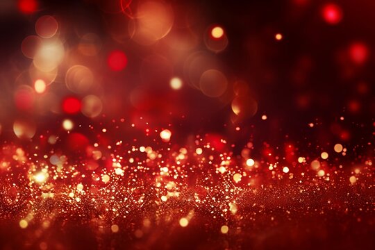 Christmas red background with lights, bokeh and sparks. Golden holiday New Year. Abstract background, wallpaper. Banner with blurry bokeh and small shiny sprinkles