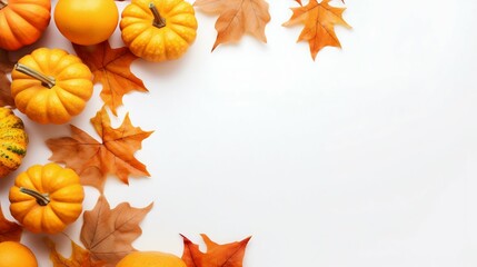 Naklejka na ściany i meble Autumn Display: Orange Pumpkins and Leaves on Light Surface. Generative ai