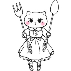 Cat girl holding a knife and fork girl with a cat hand writing 