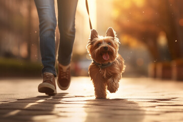 The photoshoot of a happy and lively small fluffy dog taking a walk with its owner on the autumn street, city street. Generative AI.