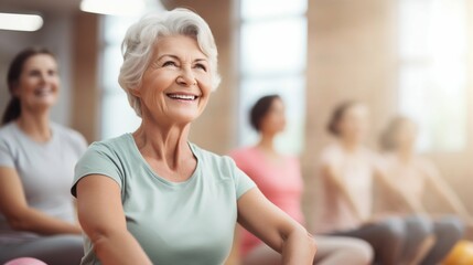 Active Senior Women Exercising in a Group Indoors. Generative ai