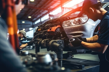 Technician caucasian man checking and repair car engine in garage, automotive and service, mechanic or  labor maintenance and fix part of vehicle, automobile and transportation, industrial concept. - obrazy, fototapety, plakaty