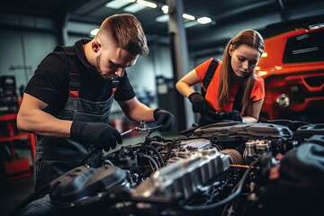 Fototapeta na wymiar Team technician caucasian man and woman checking and repair car engine in garage, automotive and service, mechanic maintenance and fix of vehicle, automobile and transportation, industrial concept.